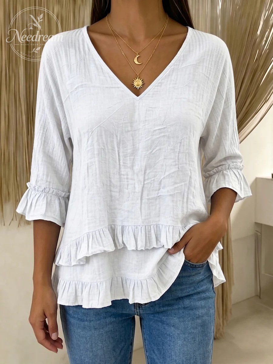 Women's V-Neck Cotton-Linen Top with Ruffled Hem