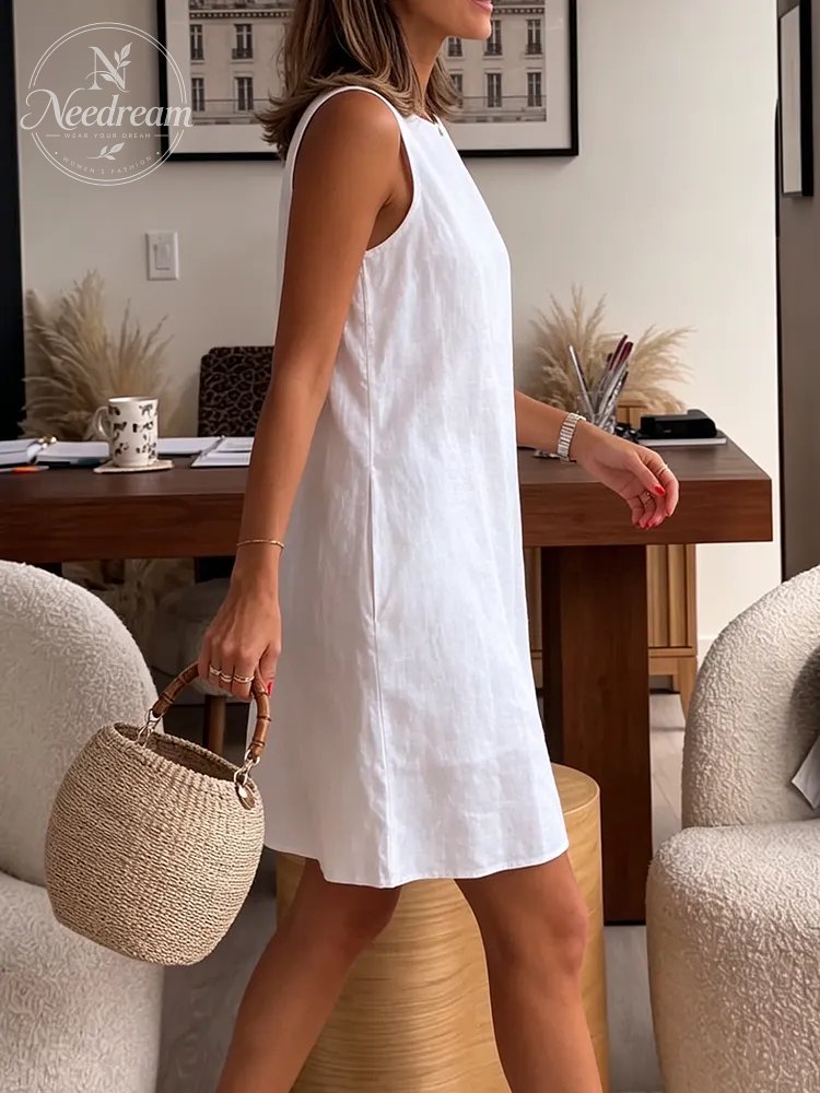 Simple And Casual Solid Color A-Line Cotton And Linen Dress