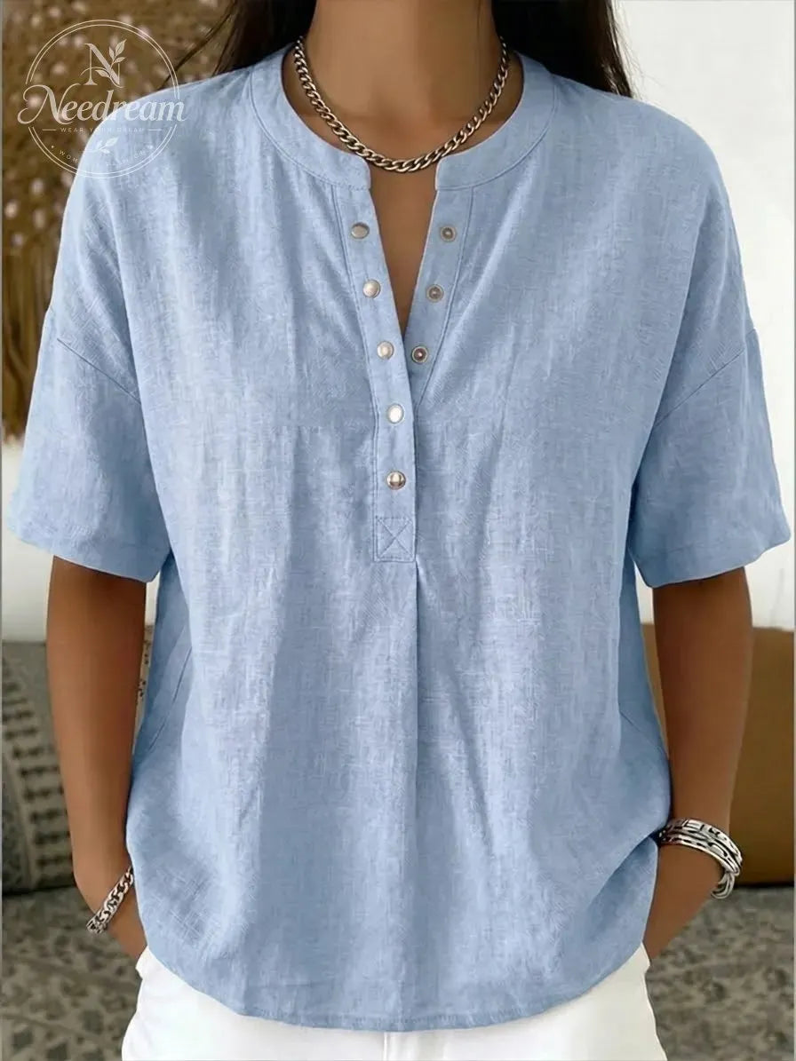 New Arrivals🔥 Women’s Casual Henley Collar Linen And Cotton Short-sleeve Shirt