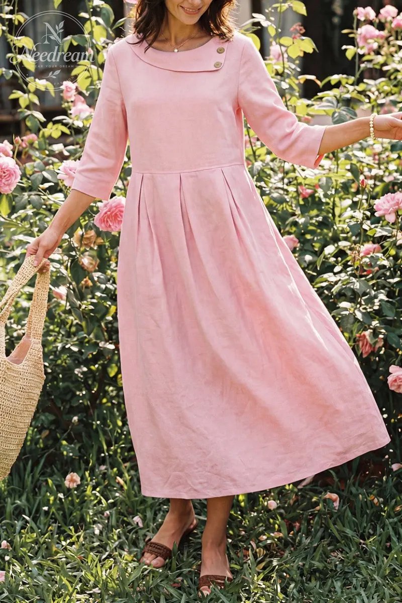 Linen Crescent Neck Decorative Button Waist Pleated Maxi Dress