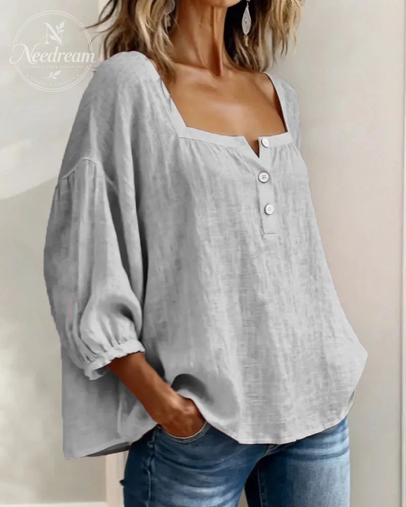 🌸Pink Square-Neck Half-Button Shirt