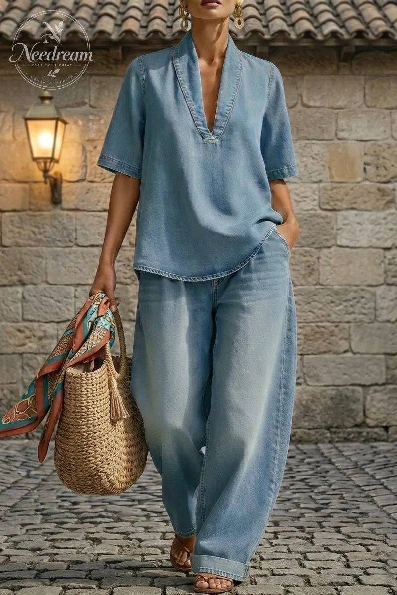 Women's Casual Cozy Minimalist Denim Two-piece Set