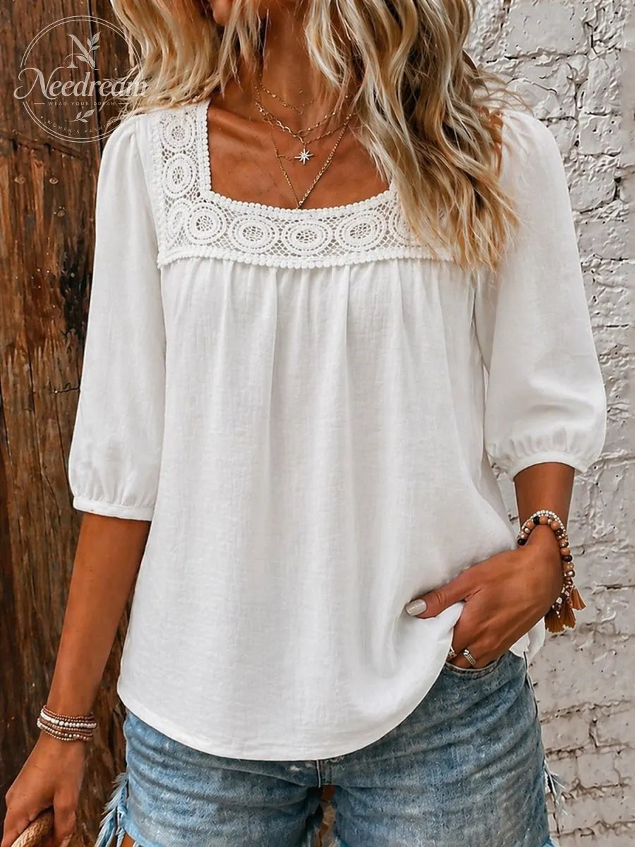 Lace Patchwork Blouse With A Square Neckline