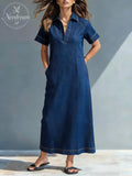 Casual Denim Pocket Midi Dress