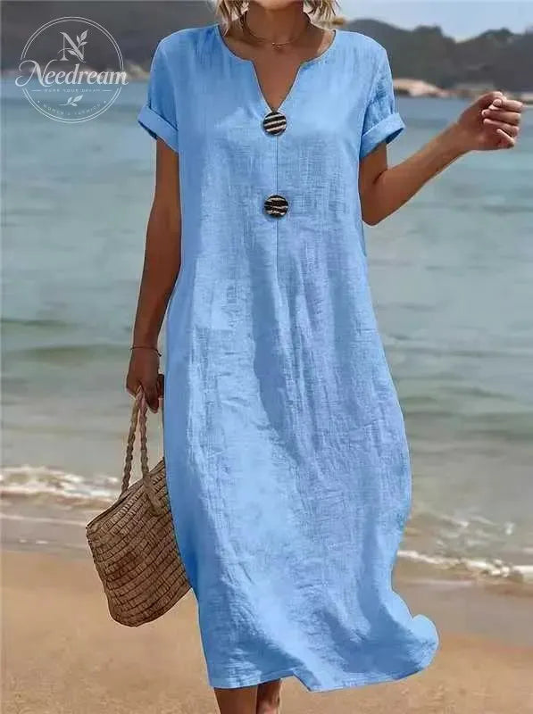 🌿 Summer Midi Dress with V-Neck & Decorative Buttons – Light Linen Material, Short Flared Sleeves