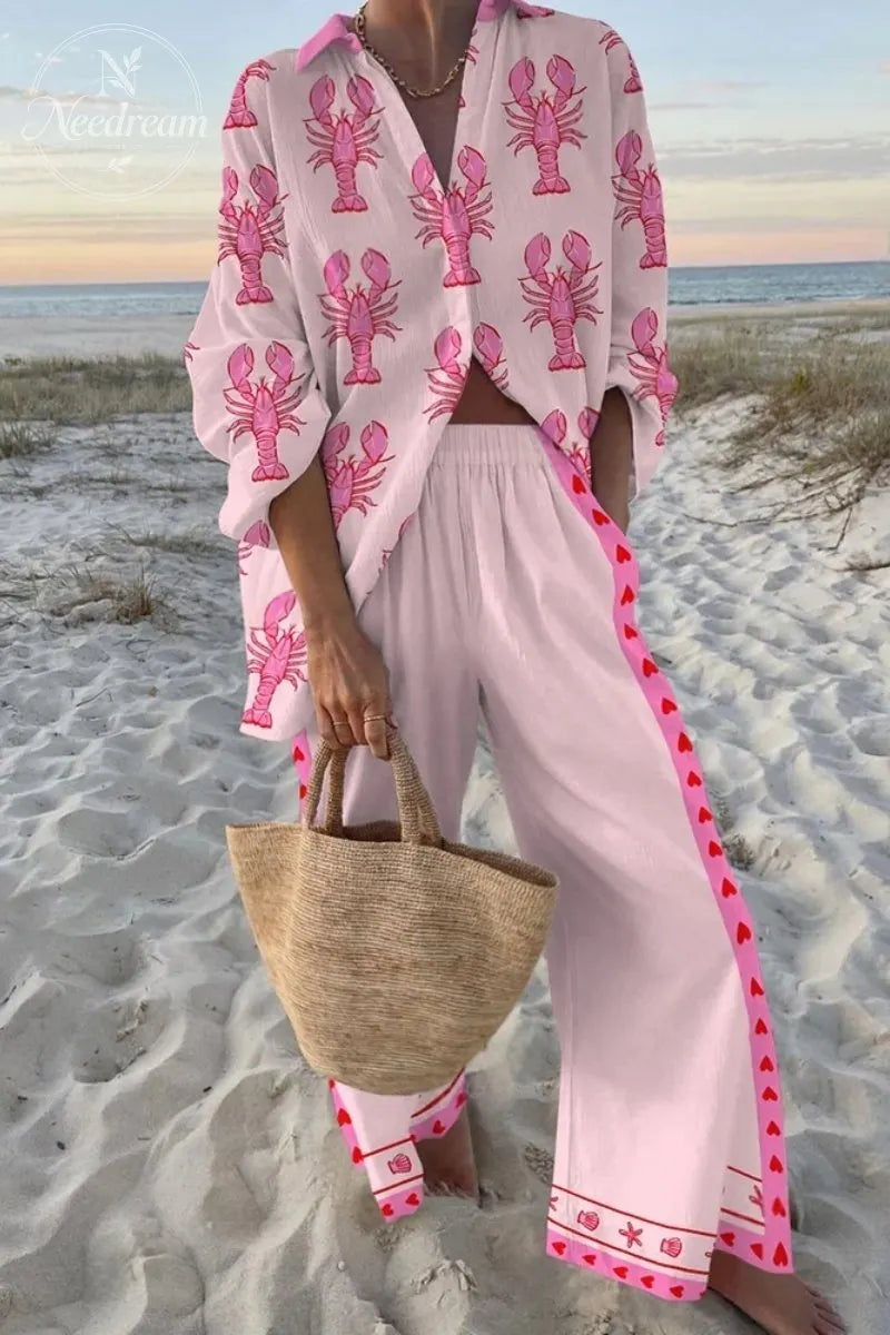 Summer Holiday Lobster Print Casual Two-piece Set