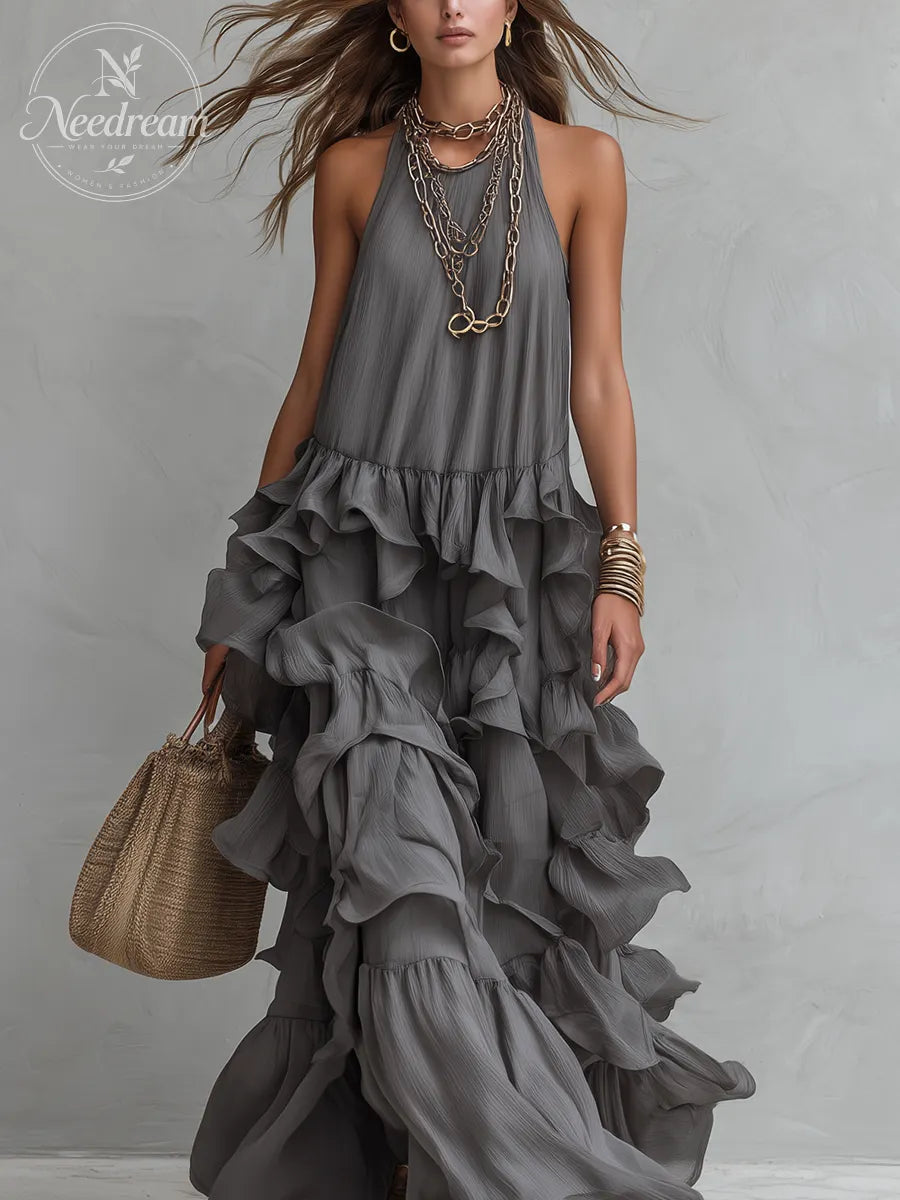 Elegant Grey Romantic Layered Ruffle Long Dress
