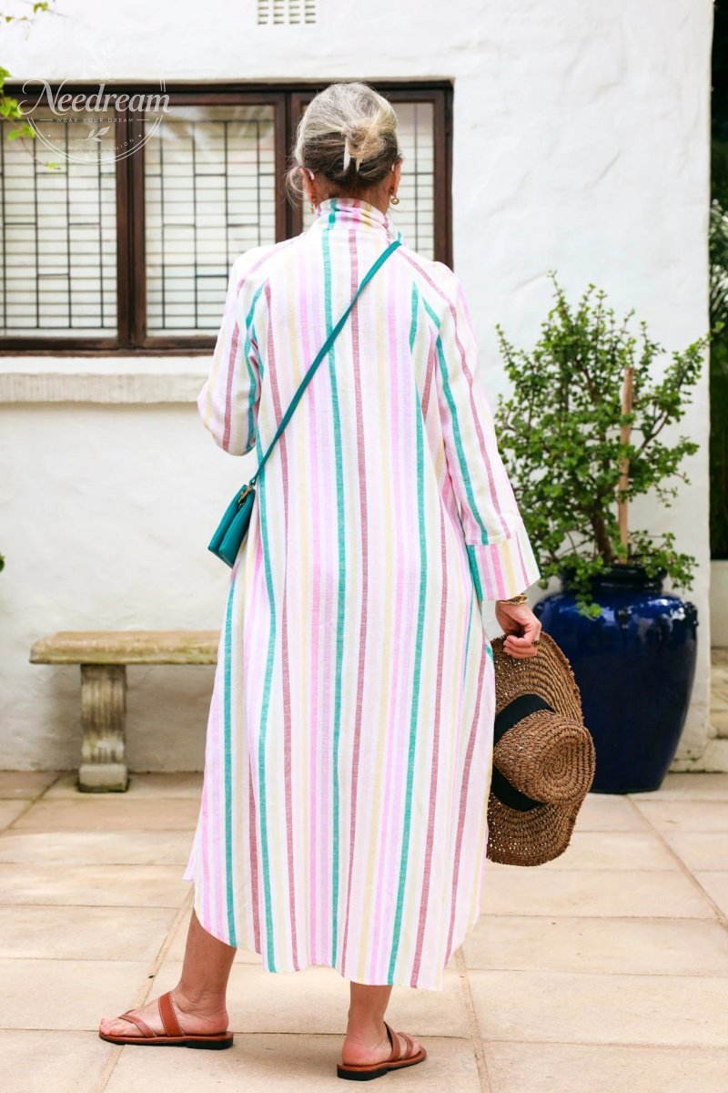 Women's Elegant A-Line Dress with Three-Quarter Sleeves & Practical Pockets