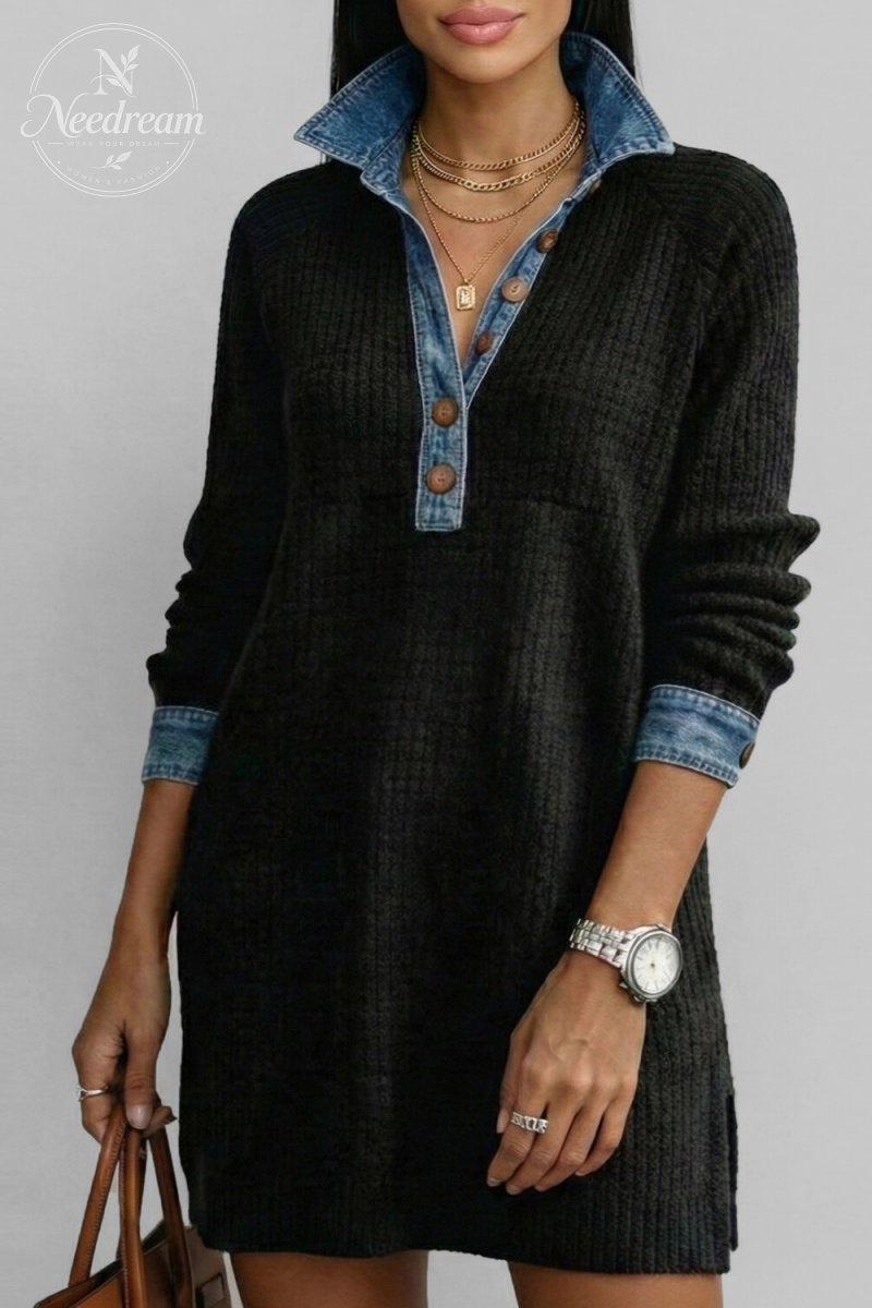 Women's Casual Knitted Patchwork Denim Shirt Collar Button Long Sleeve Mini Dress