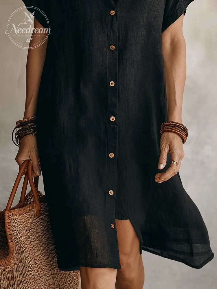 Modern Boho Effortless Black Linen Relaxed Midi Dress