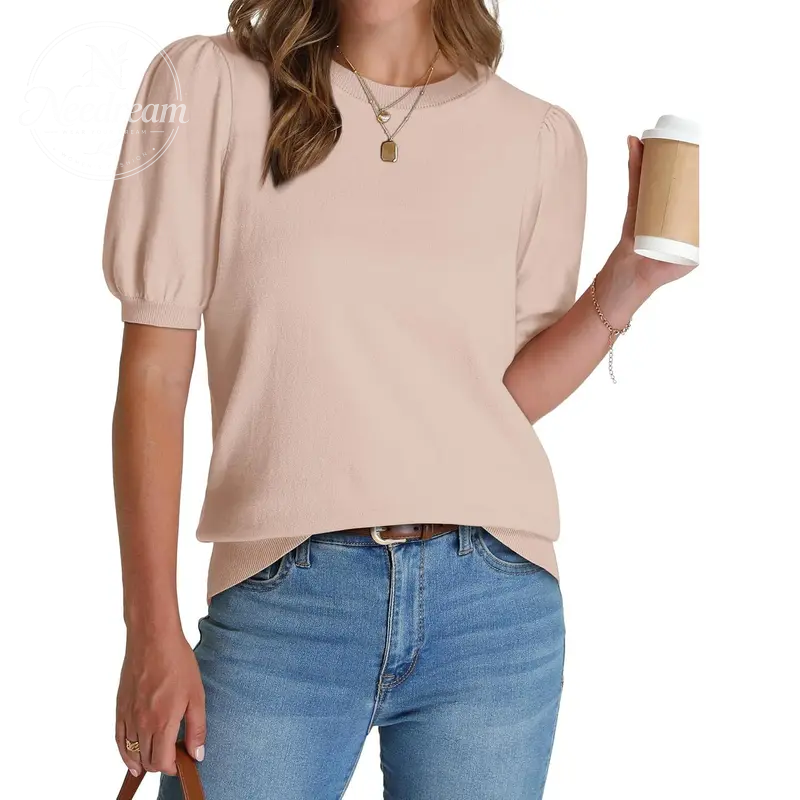 Women's Puff Short Sleeve  Lightweight Knit Top