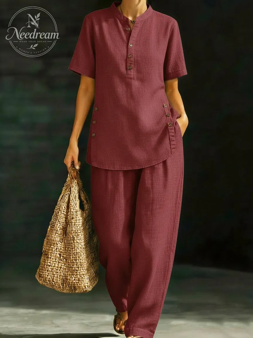 Cozy Casual Button Shirt And Wide-leg Pants Linen Two-piece Set