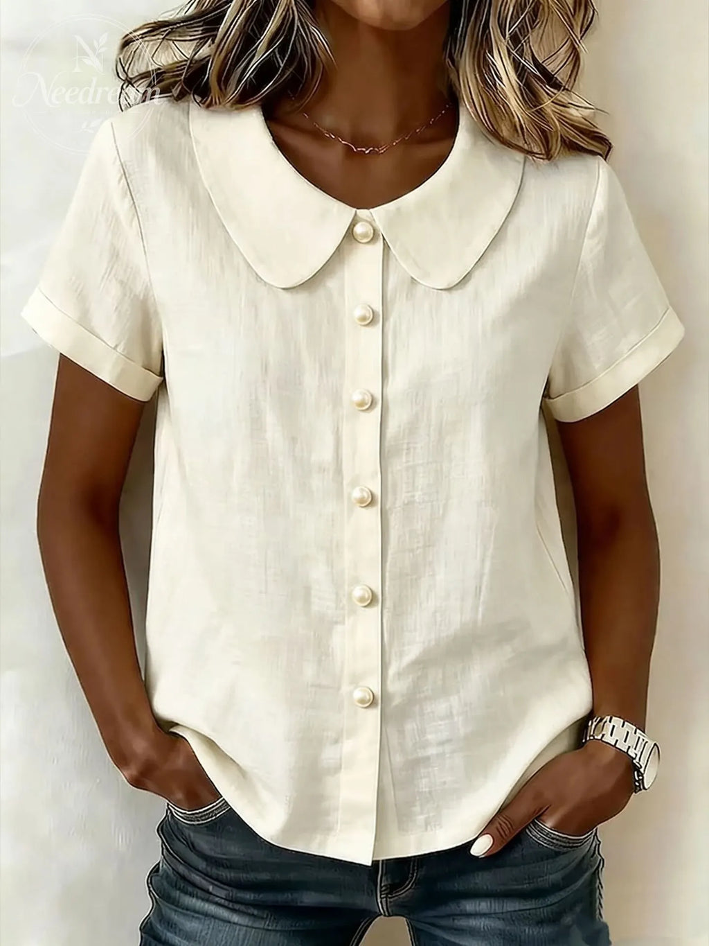 Women's Solid-Color Short-Sleeve Casual Loose Cotton-Linen Shirt with Peter Pan Collar
