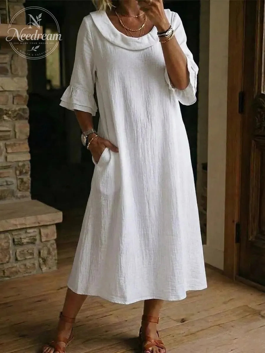 Cotton Linen Neck Ruffle Casual Dress