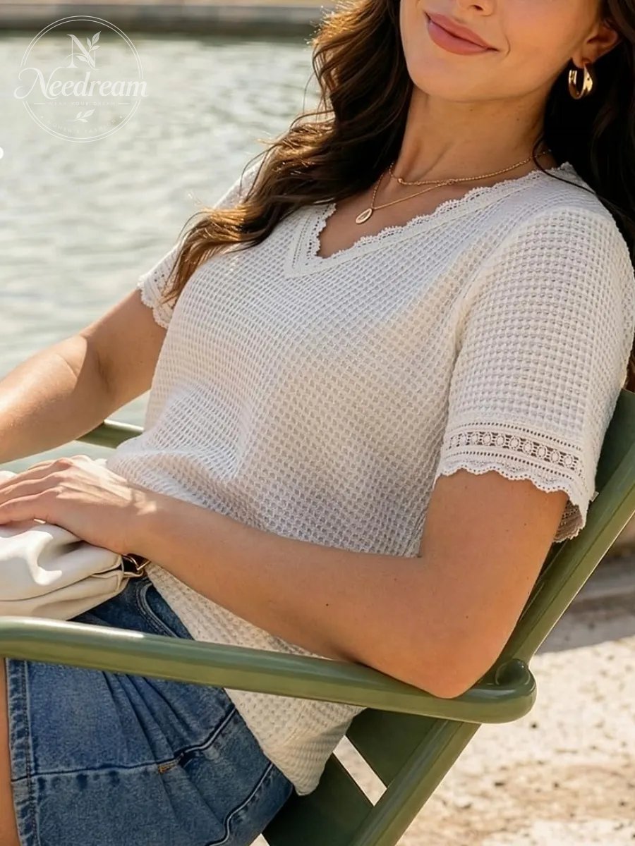 Women'S Casual V-Neck Short-Sleeved Waffle Knit Lace Patchwork Top
