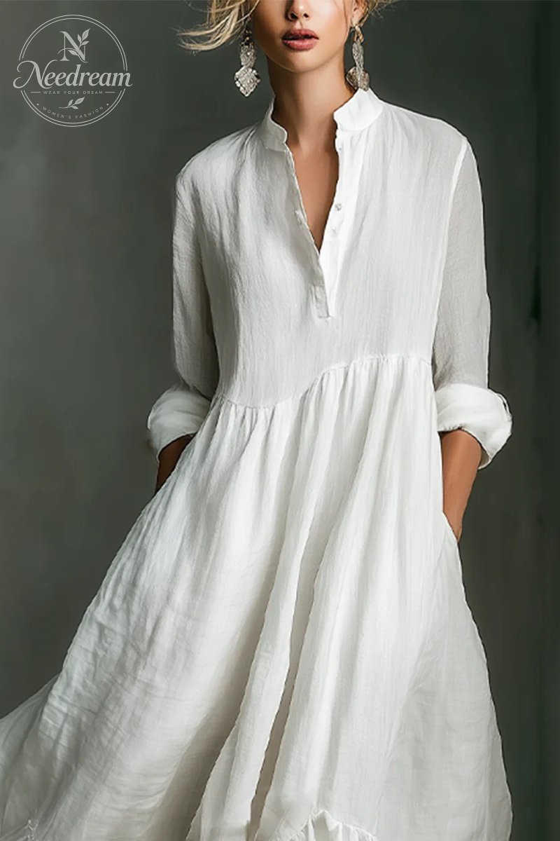 Women's White Long-sleeved Ruffled Maxi Dress
