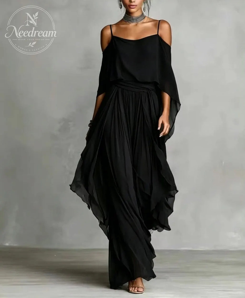 Women's Grey Breathable Chiffon Set With Cold-Shoulder Detail & Flared Silhouette, Contemporary Luxury-Feminine Style Set