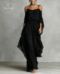 Women's Grey Breathable Chiffon Set With Cold-Shoulder Detail & Flared Silhouette, Contemporary Luxury-Feminine Style Set