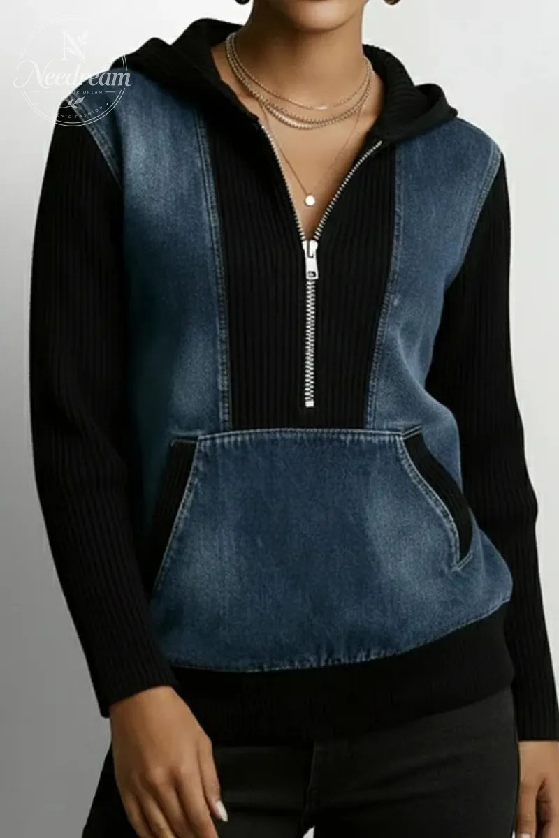 Women's Casual Two Tone Patchwork Half Zip Hooded Long Sleeve Blouse