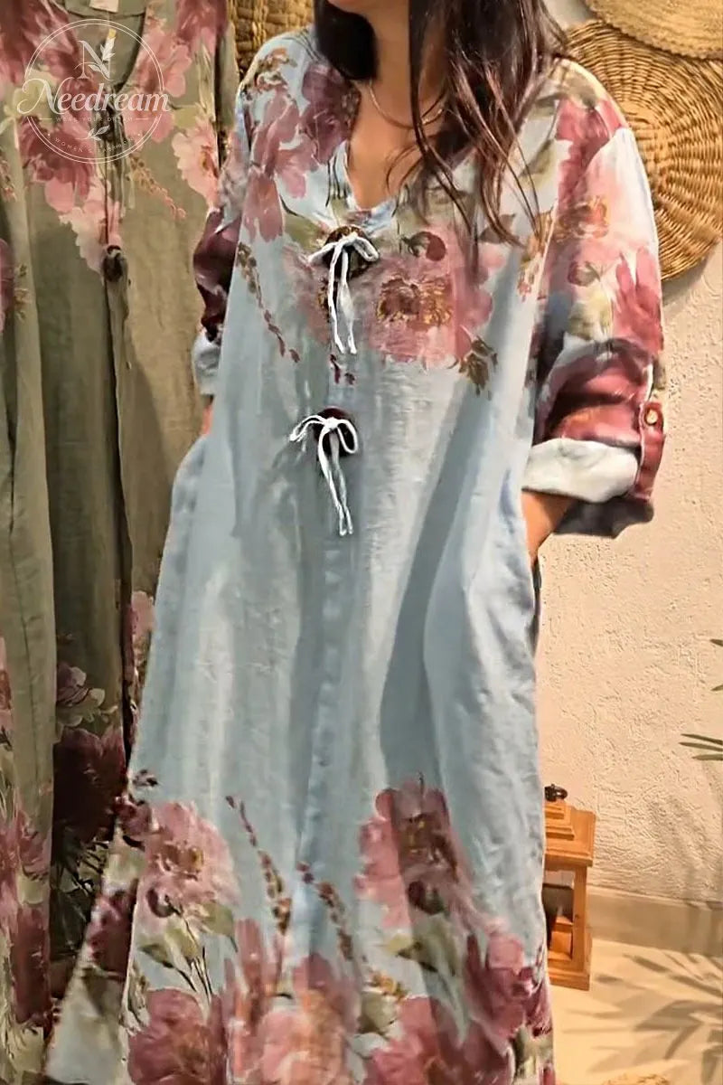 V-neck Long-sleeved Button-decorated Printed Casual Loose Dress
