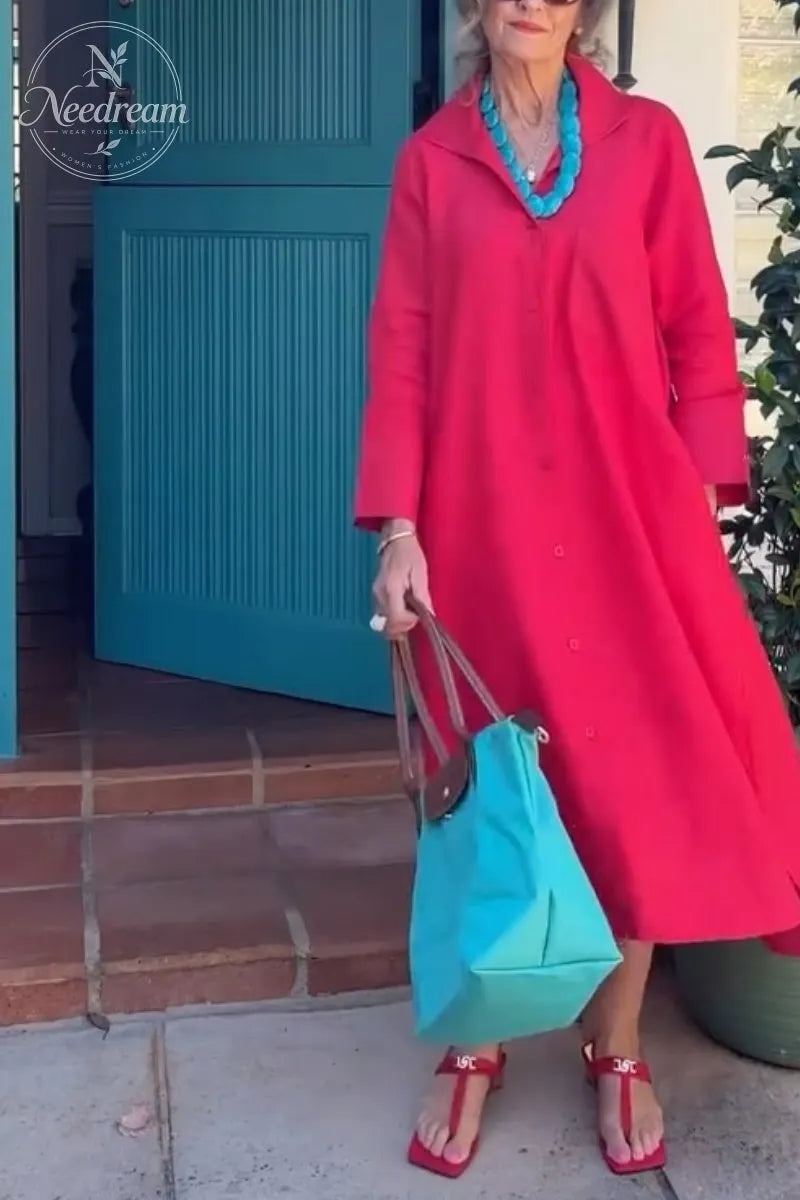 Women's Elegant A-Line Dress with Three-Quarter Sleeves & Practical Pockets