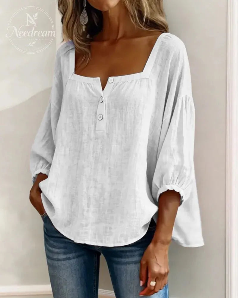 🌸Pink Square-Neck Half-Button Shirt