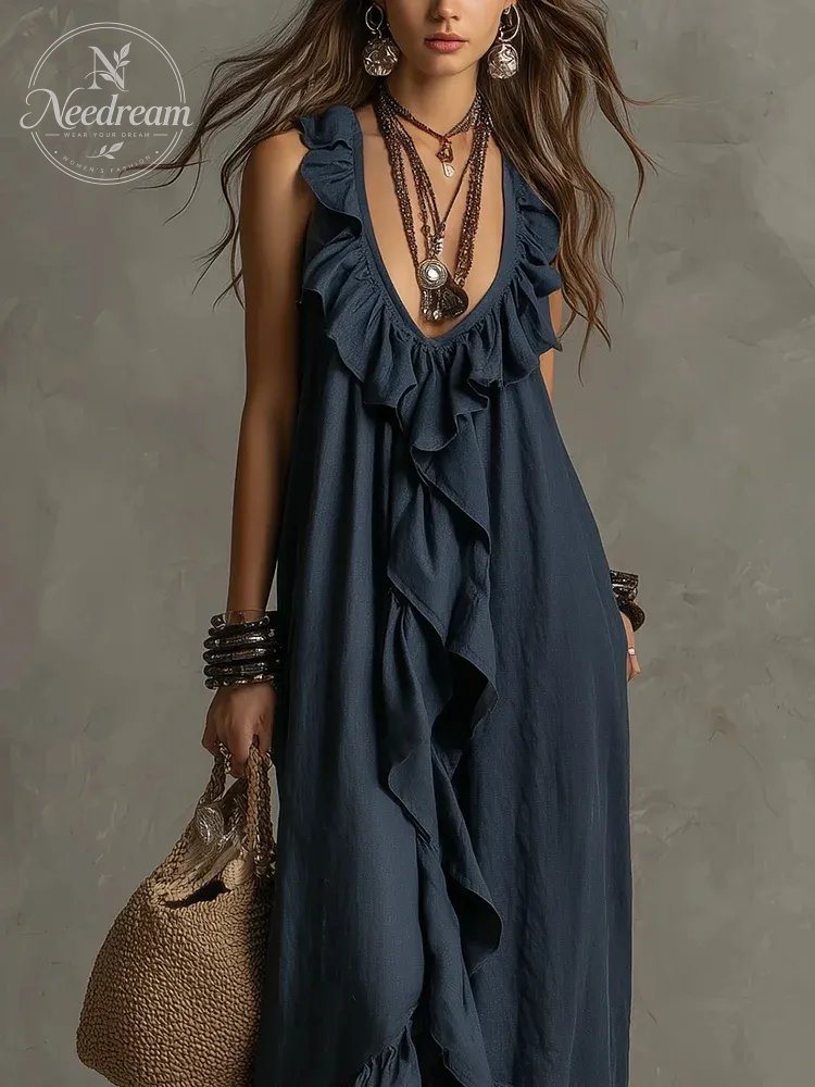 Elegant Bohemian V Neck Ruffle Maxi Dress