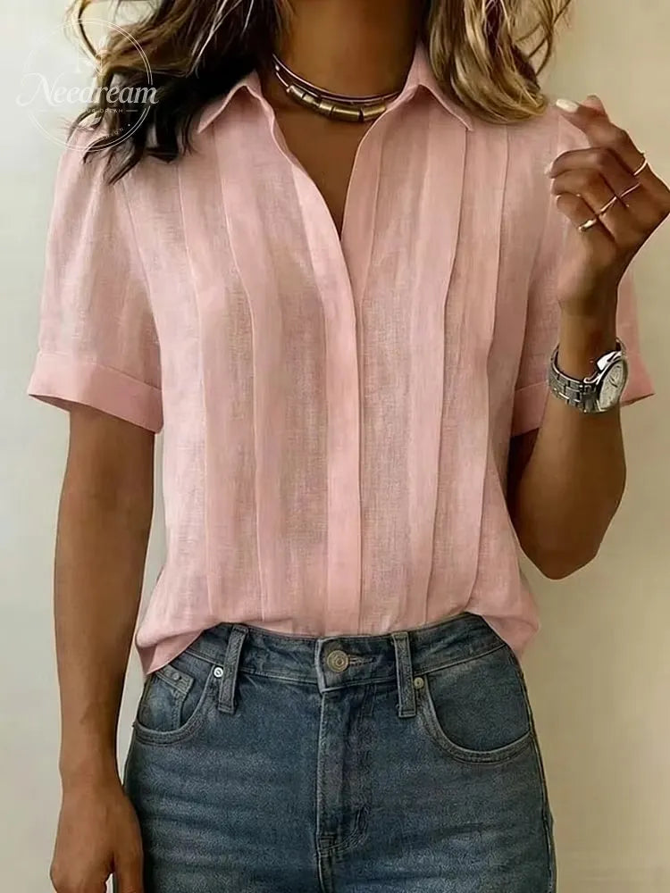 Clearance Sale🔥 Women's Lapel Short-sleeved Casual Loose Pleated Cotton And Linen Shirt