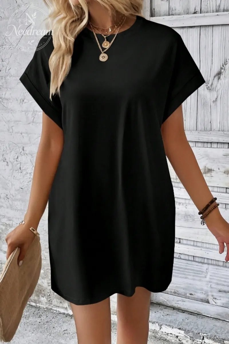 Casual Minimalist Round Neck Roll Up Sleeve Dress