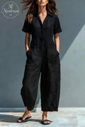Women'S Minimalist Linen Blend Button-Down Collar Short-Sleeved Loose-Fitting Jumpsuit