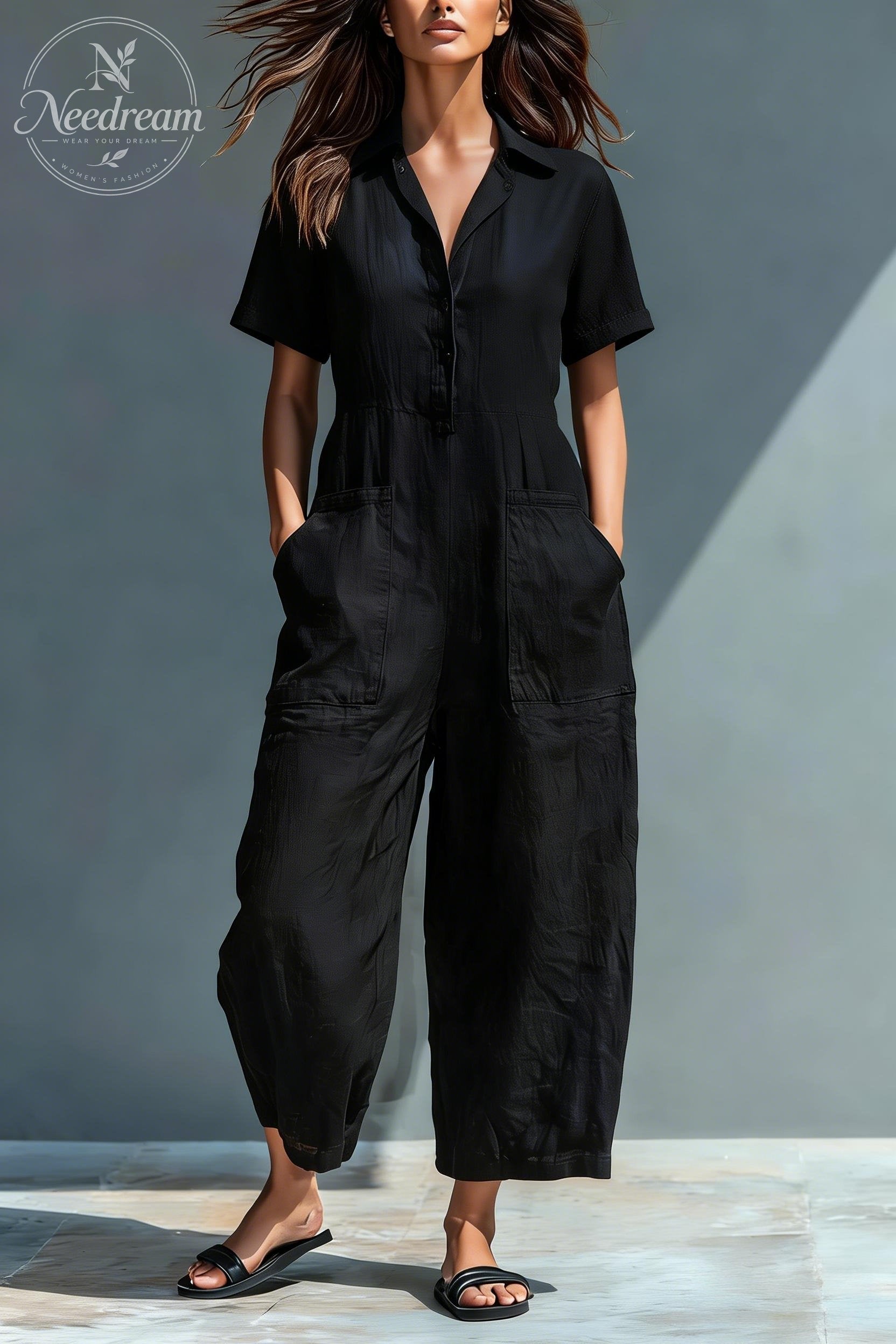 Women'S Minimalist Linen Blend Button-Down Collar Short-Sleeved Loose-Fitting Jumpsuit