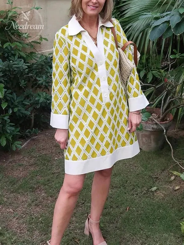 NEW🔥 Diamond Plaid Lace Cutout V Neck Shirt Dress