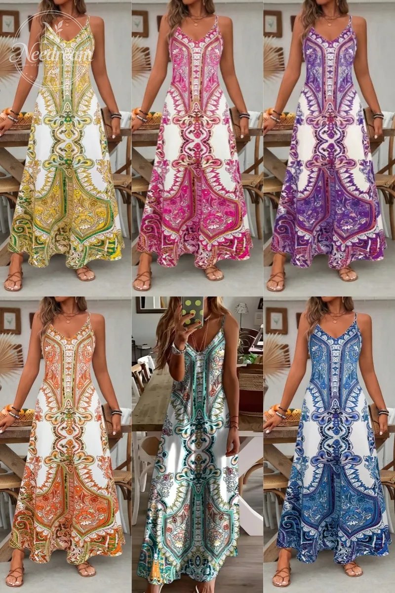 Women's Floral Print Dress, Boho Sleeveless Spaghetti Strap Maxi Dress