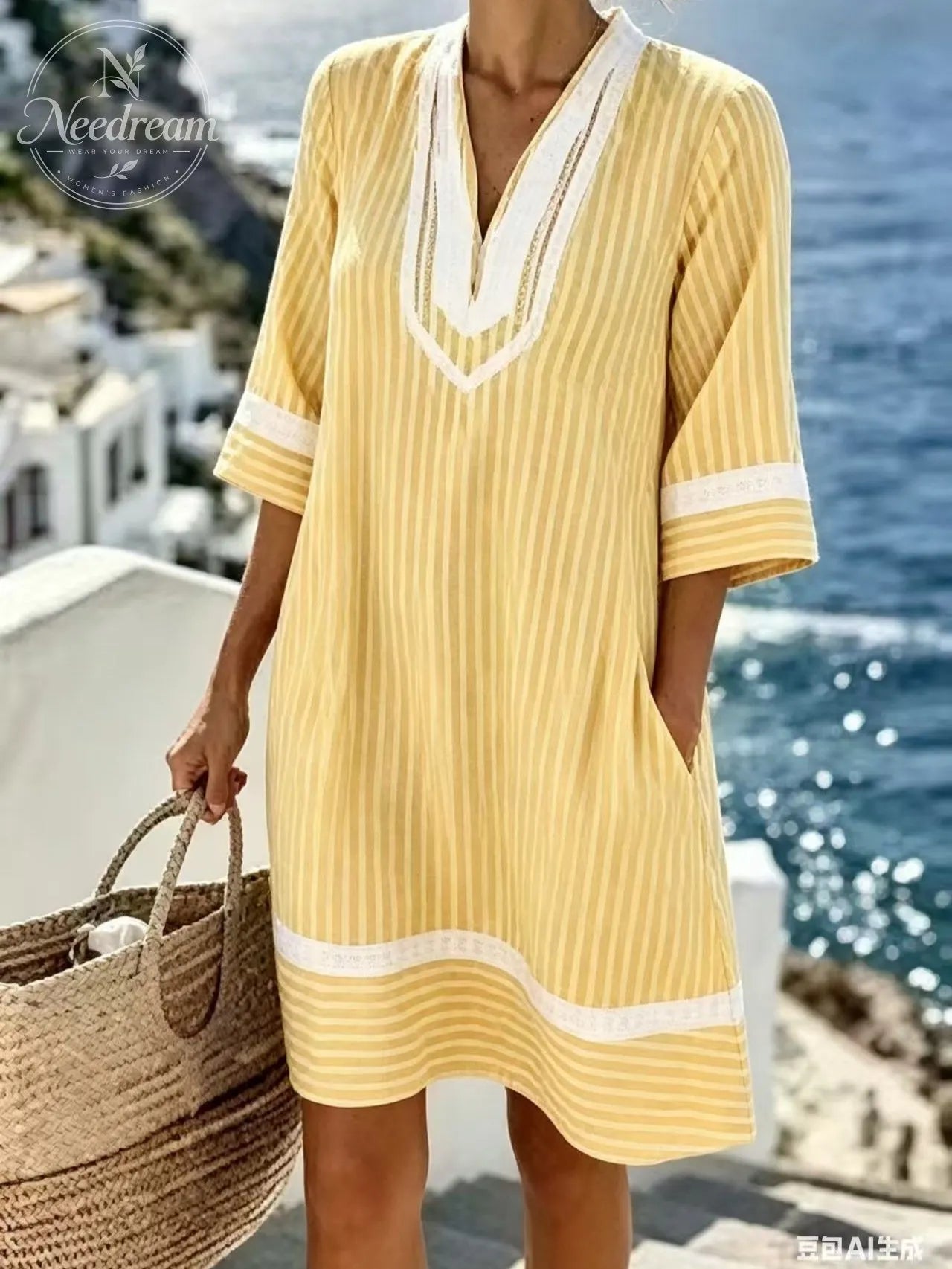V-Neck Short Sleeve Striped Dress