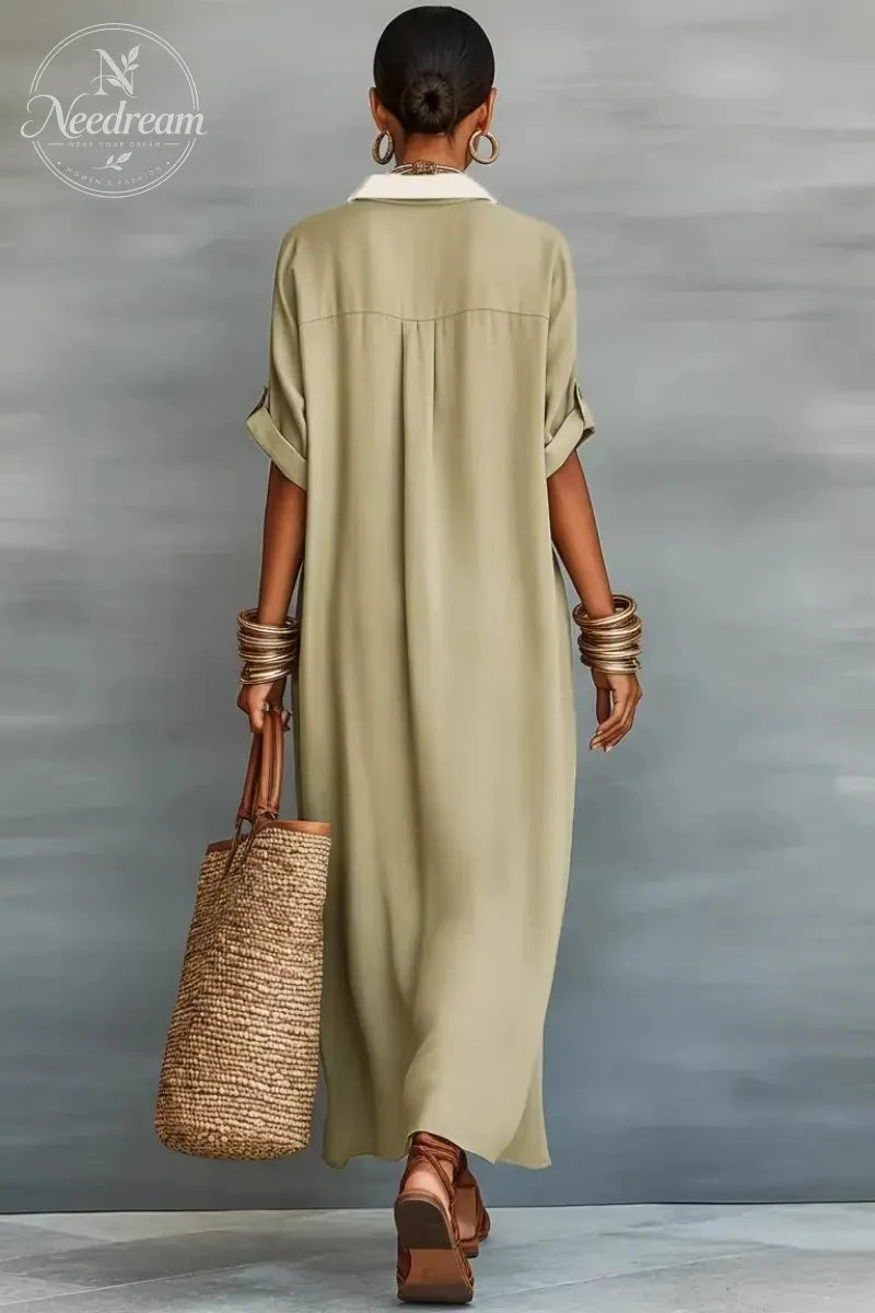Women's Minimalist Linen Blend Short-sleeved Shirt Maxi Dress