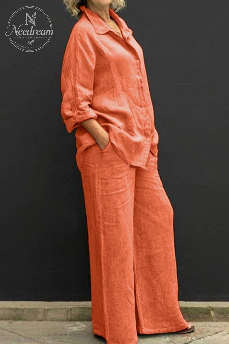 Women Linen Lapel Shirt Two Pieces Set Vintage Solid Long Sleeve Button Blouse and Loose Straight Pants Casual Suits