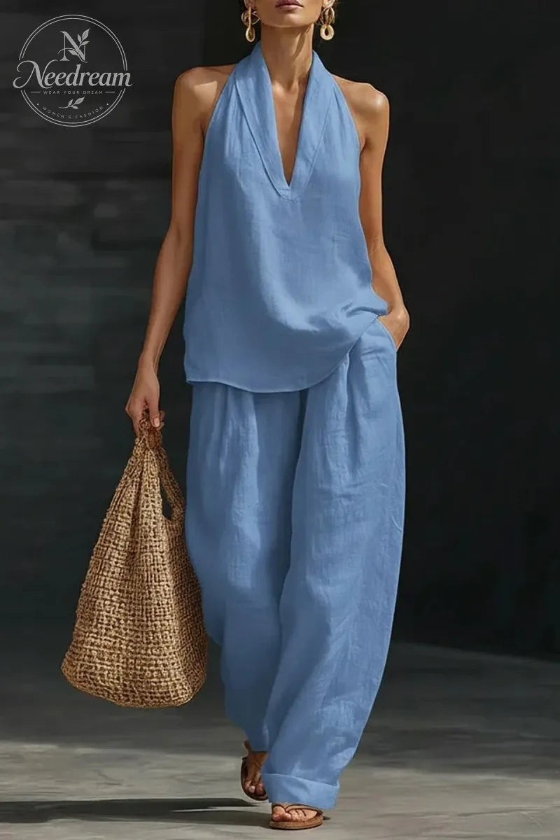 Women's V-neck Top + Tencel Linen Casual Suit