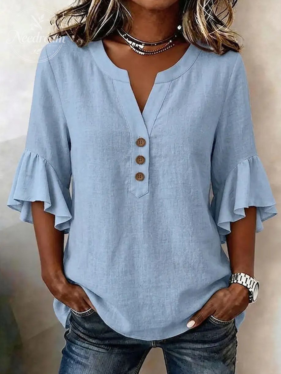 Women'S Solid-Color V-Neck 3/4-Sleeve Casual Loose Cotton-Linen Top