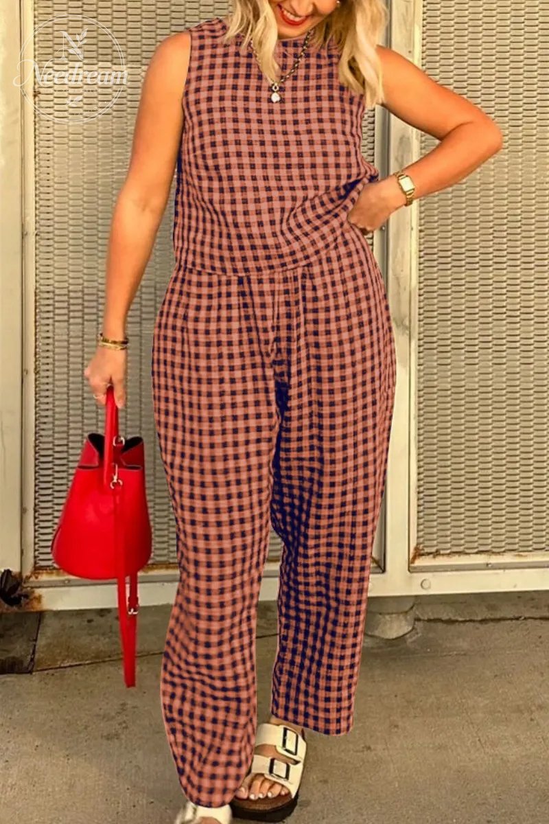 Summer New Women's 2 Piece Set Cotton Plaid Crop Top Loose Fit Pocket Nine-Tenths Pants