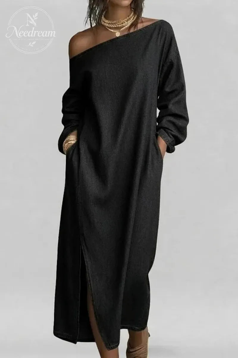Women's Plain Pockets Oblique Collar Slit Loose Long Sleeve Maxi Dress