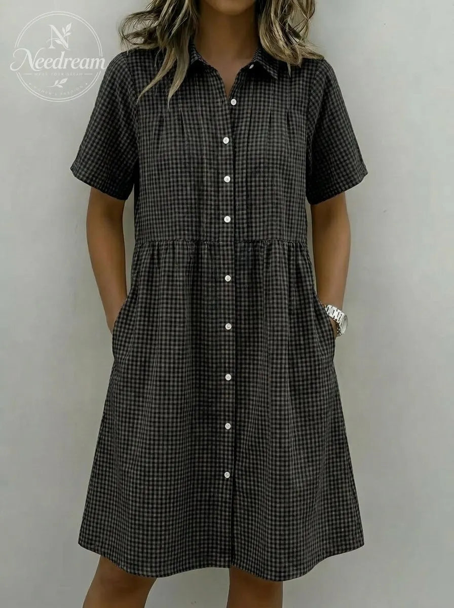 Today 49% off🔥Women’s Cotton Linen Gingham Button-Up Shirt Dress