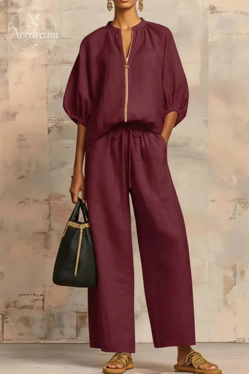 New Arrivals🔥 Stylish Cozy Zipper Shirt & Wide-Leg Pants Linen Cotton Two-Piece Set
