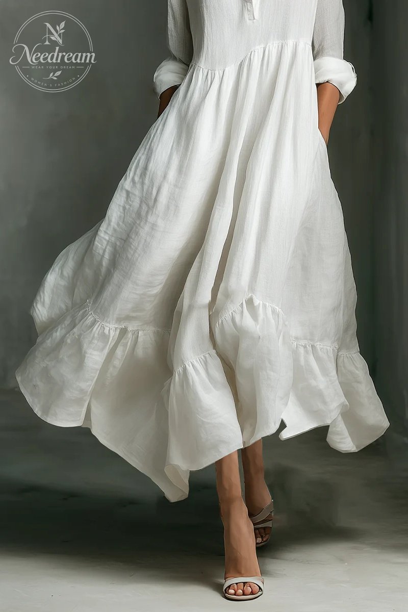 Women's White Long-sleeved Ruffled Maxi Dress