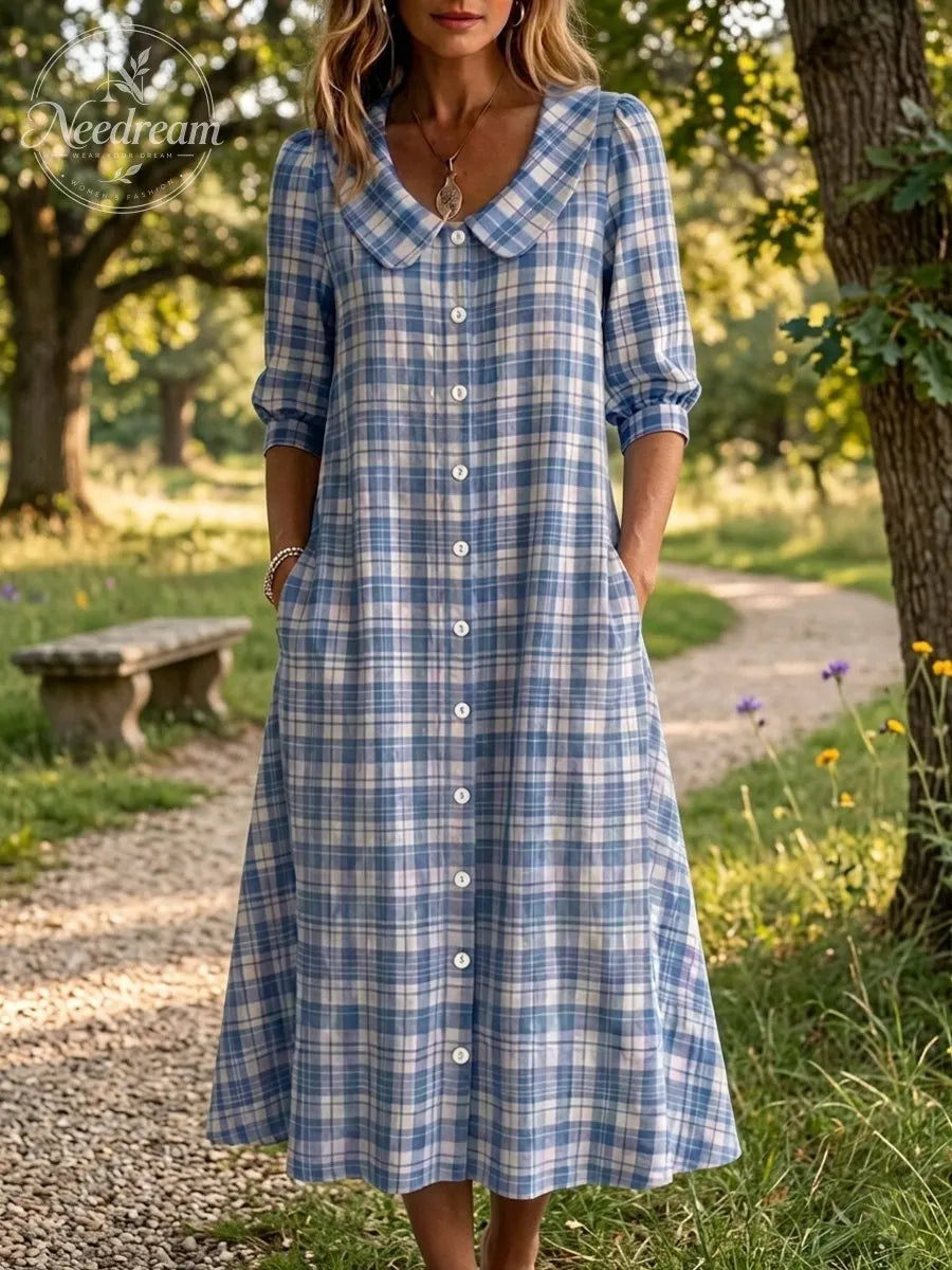 Clearance Sale🔥 Women's Retro Peter Pan Collar Stripe Print Cotton Linen Dress