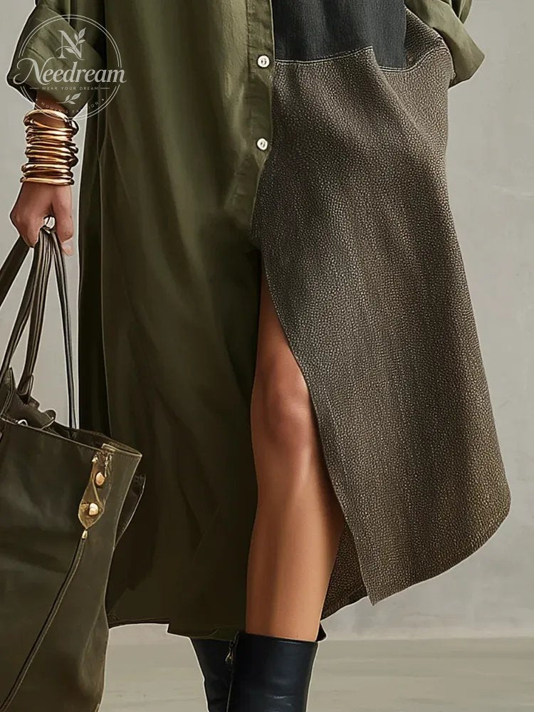 Refined Olive Color-Block Shirt Midi Dress
