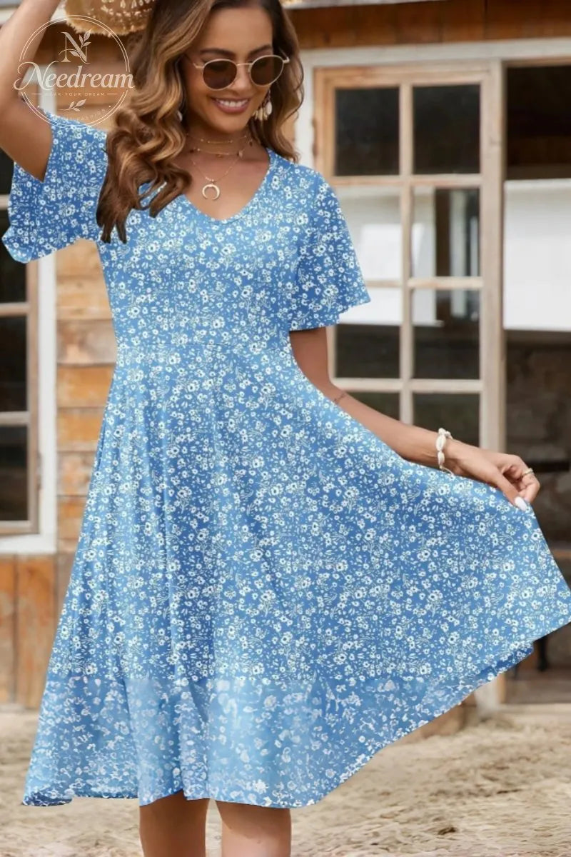 Womens Summer Dress Casual Swing Floral Ruffle Short Sleeve Sundresses Beach Mini A-Line Shift Dress