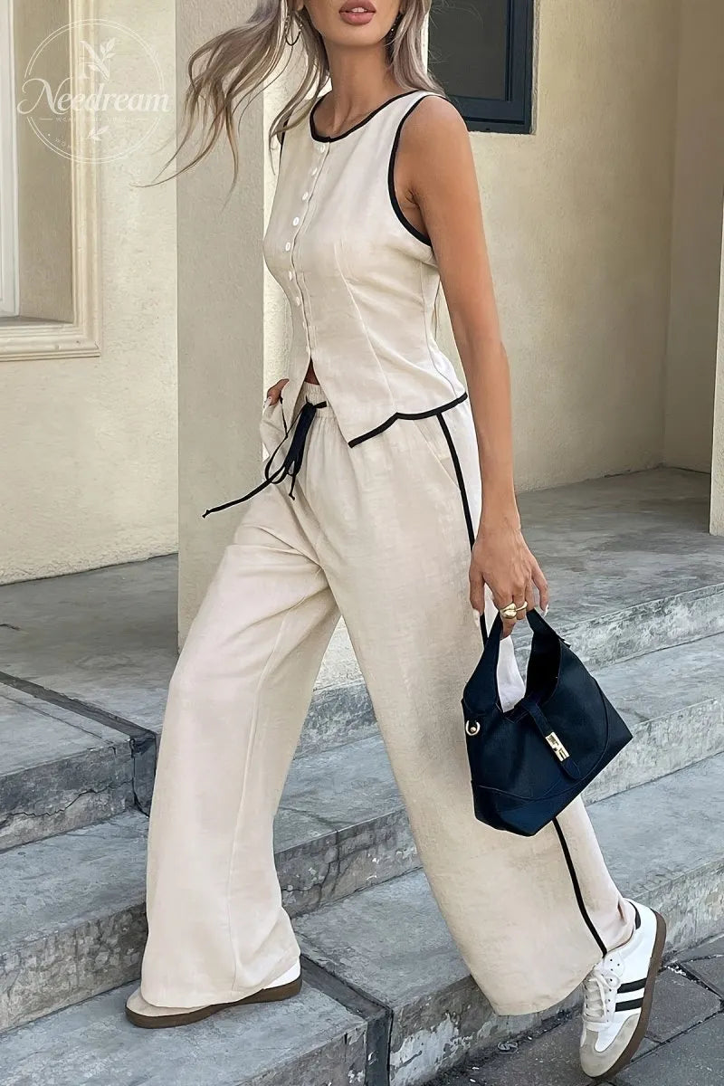 Color-blocked Sleeveless Single-breasted Vest And Drawstring Trousers Set