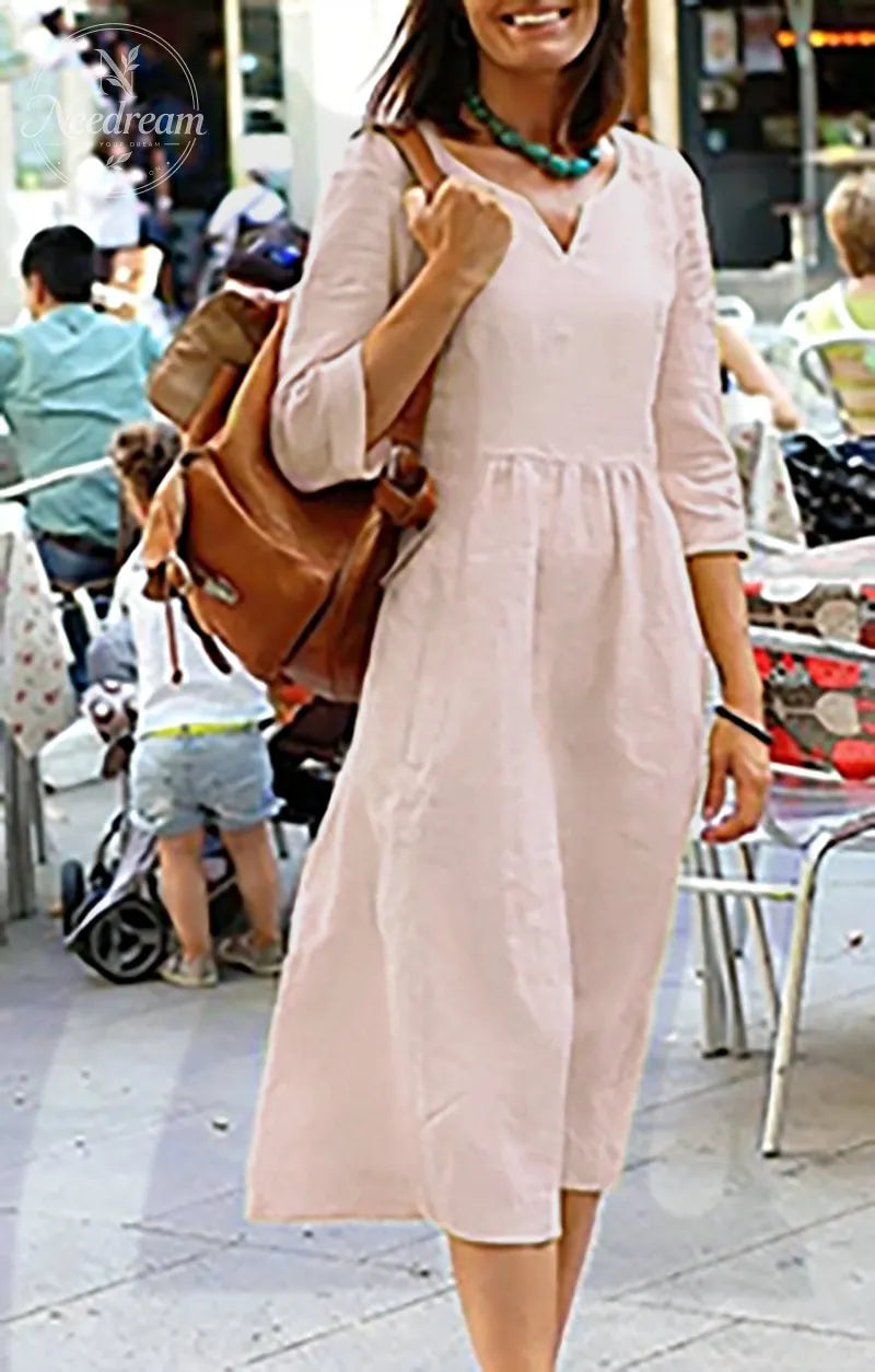 V-Neck Casual Dress, Three-Quarter Sleeves, With Pockets