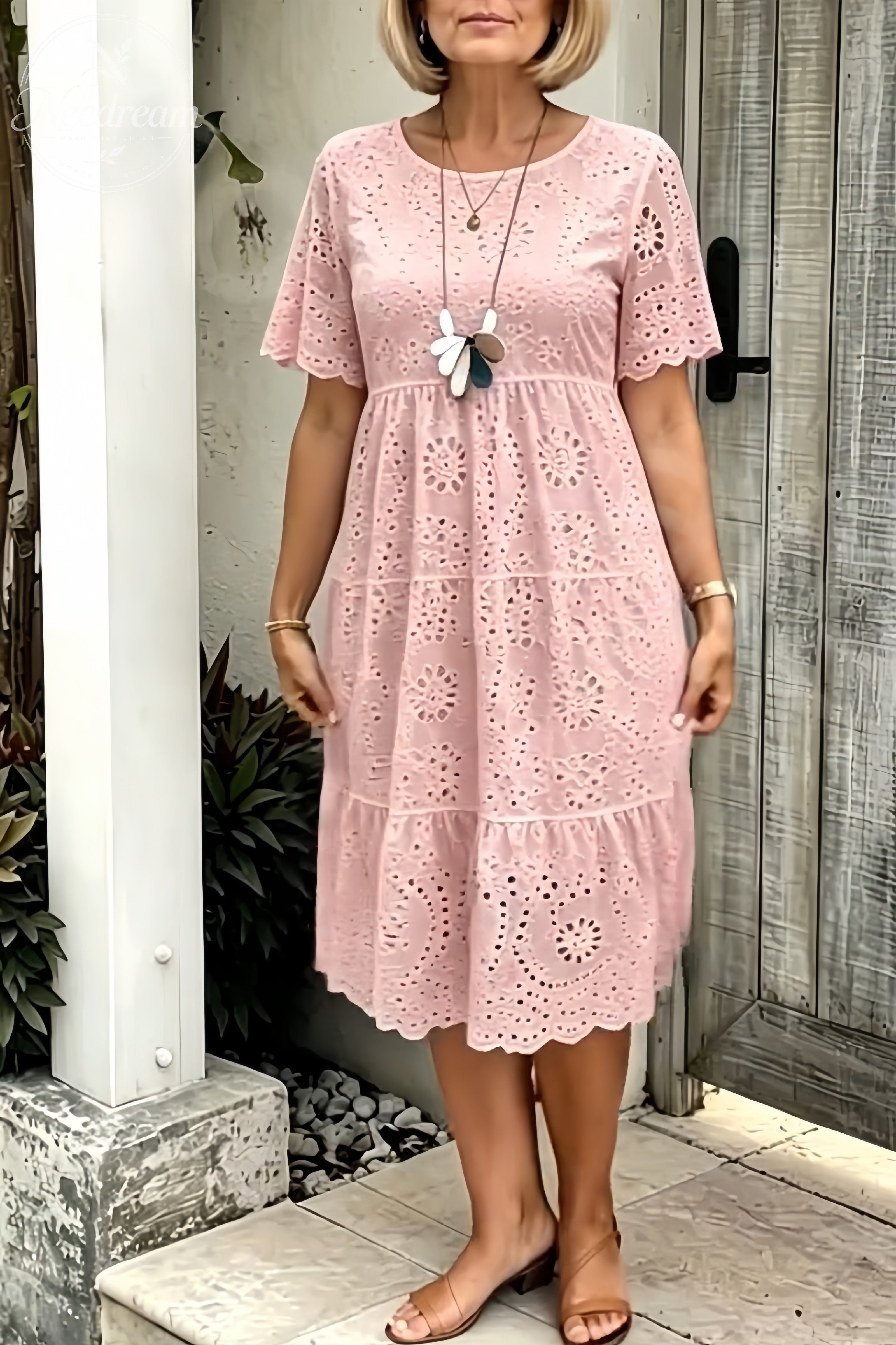Women'S Solid Round Neck Floral Embroidered Lace Cutout Dress
