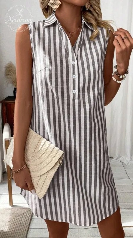 Women'S Minimalist Sleeveless V-Neck Button-Down Striped Shirt Dress